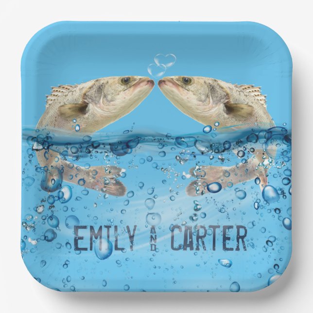 Wedding Fish in Water with Heart Bubbles Paper Plate (Front)