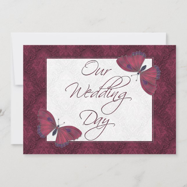 Wedding Flat Invitation Butterfly Brocade red (Front)