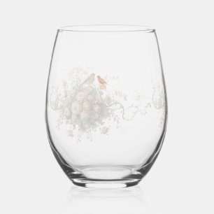 Wedding floral bird Elegant Colorful Watercolor  Stemless Wine Glass