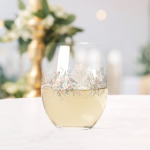 Wedding floral bird Elegant Simple Minimal Simple  Stemless Wine Glass