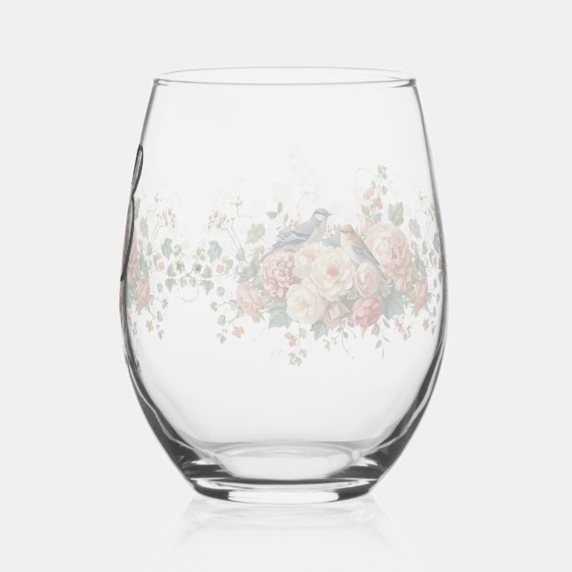 Wedding floral bird Monogram Elegant Simple Minima Stemless Wine Glass (Back)
