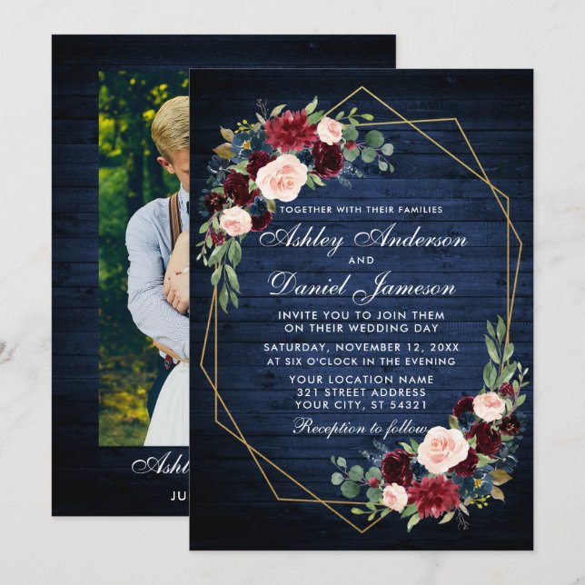 Wedding Floral Blue Wood Geometric Gold Photo Back Invitation (Front/Back)