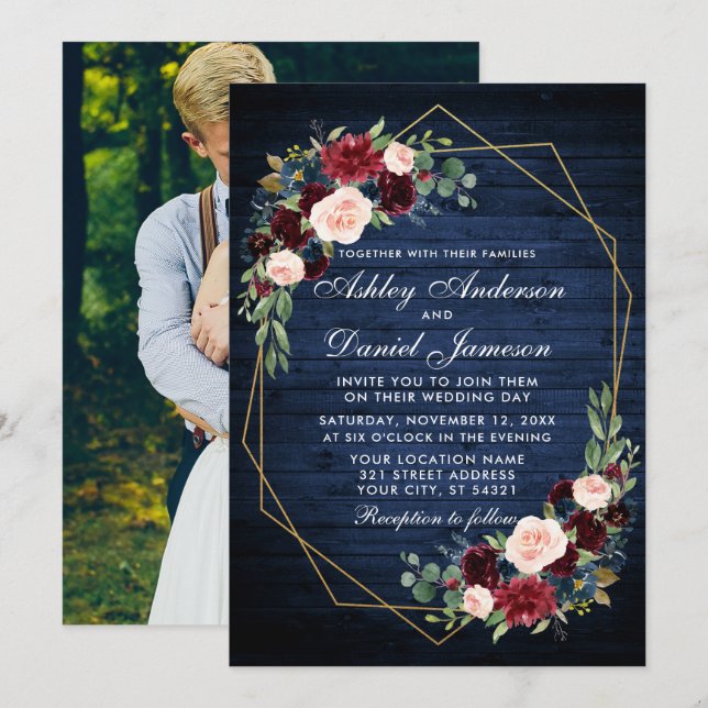Wedding Floral Blue Wood Photo Back Gold Geometric Invitation (Front/Back)