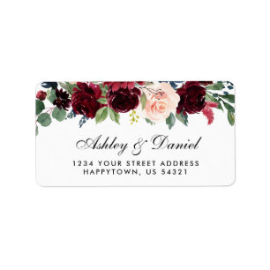 Wedding Floral Burgundy Blue Address Label