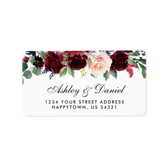 Wedding Floral Burgundy Blue Address Label (Front)