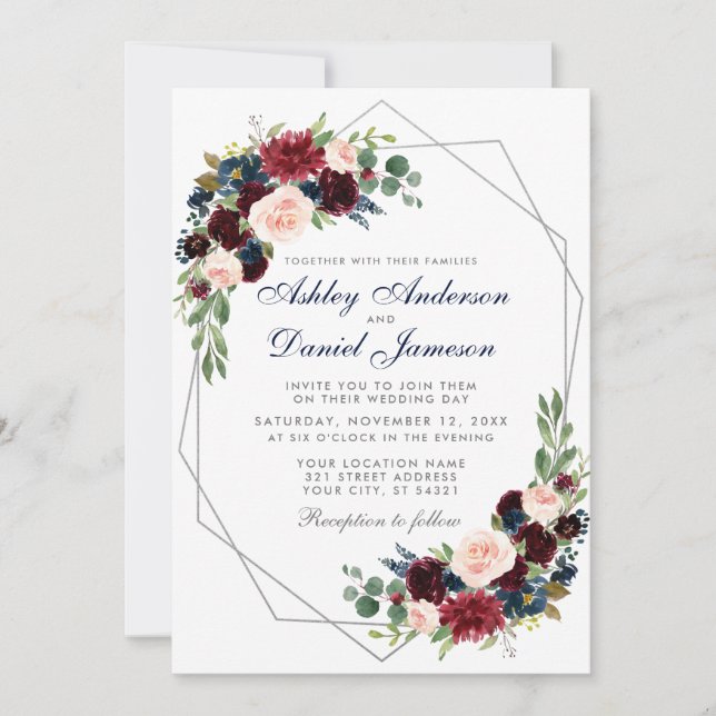 Wedding Floral Burgundy Blue Geometric Silver Invitation (Front)