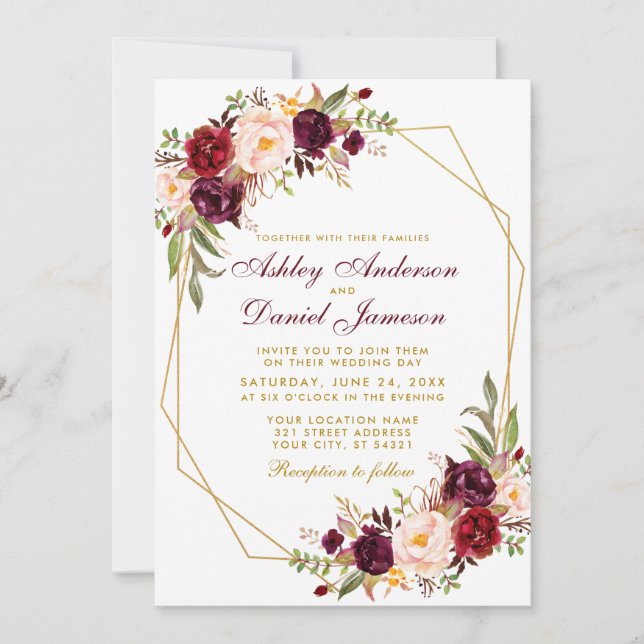 Wedding Floral Burgundy Geometric Gold Frame Invitation (Front)