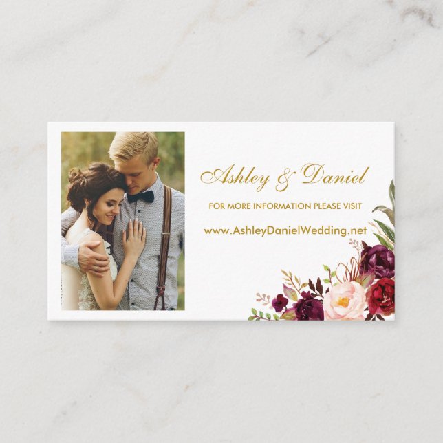 Wedding Floral Burgundy Photo Website Insert Card (Front)