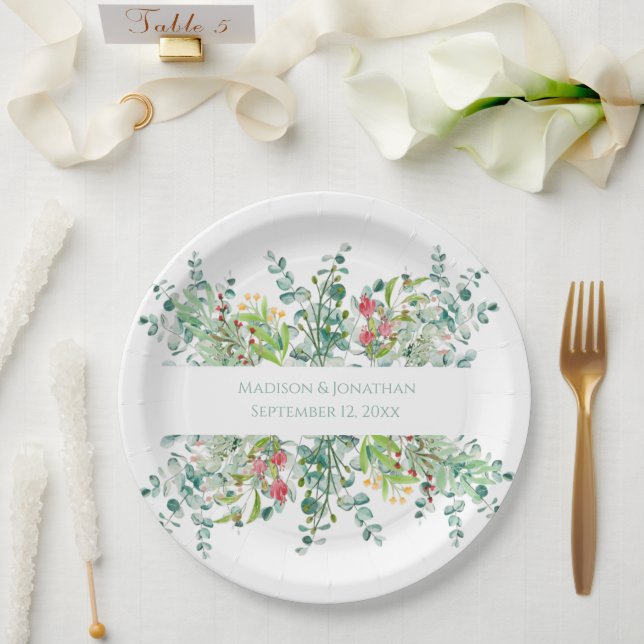 Wedding Floral Elegant Greenery Watercolor Names  Paper Plate (Wedding)