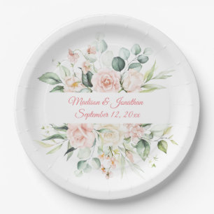 Wedding Floral Elegant Pink Chic Date Script Paper Plate
