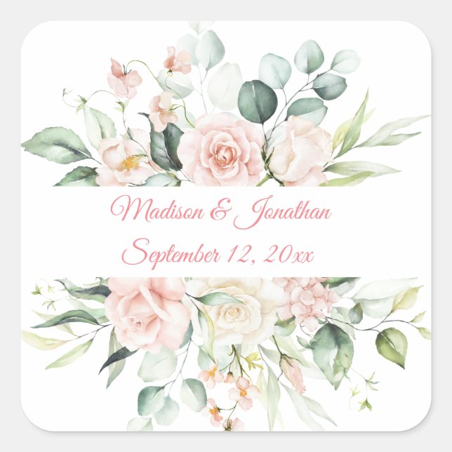 Wedding Floral Elegant Pink Chic Date Script  Square Sticker (Front)