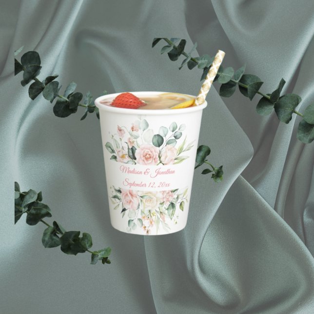 Wedding Floral Elegant Pink Date Script Names Paper Cups (Creator Uploaded)