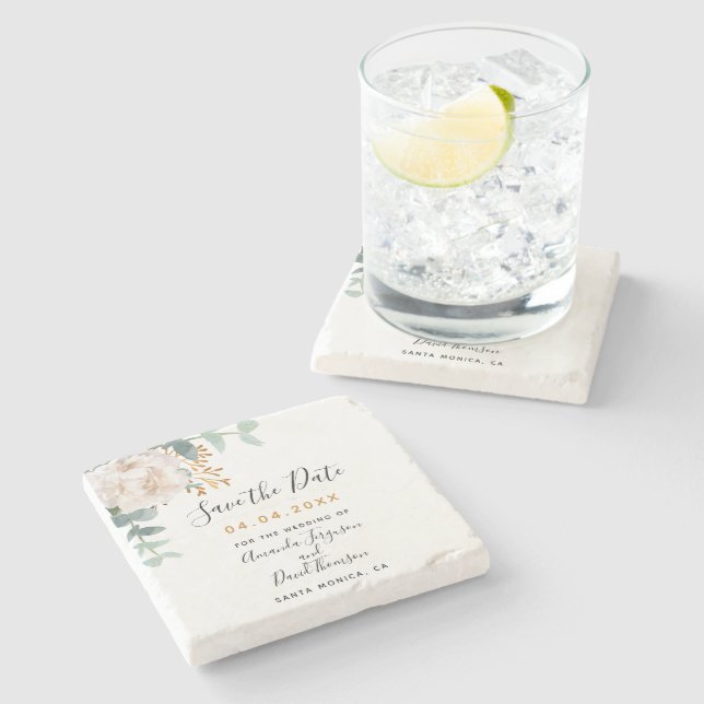 Wedding floral eucalyptus greenery Save the Date Stone Coaster (Side)