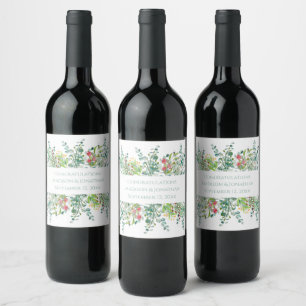 Wedding Floral Eucalyptus Watercolor Names Date Wine Label