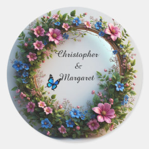 Wedding Floral Frame with Colourful Flowers Classic Round Sticker