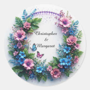 💍 Wedding Floral Glow 🌸 Custom Names Colourful  Classic Round Sticker