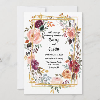 Wedding Floral Gold Geometric Frame Card