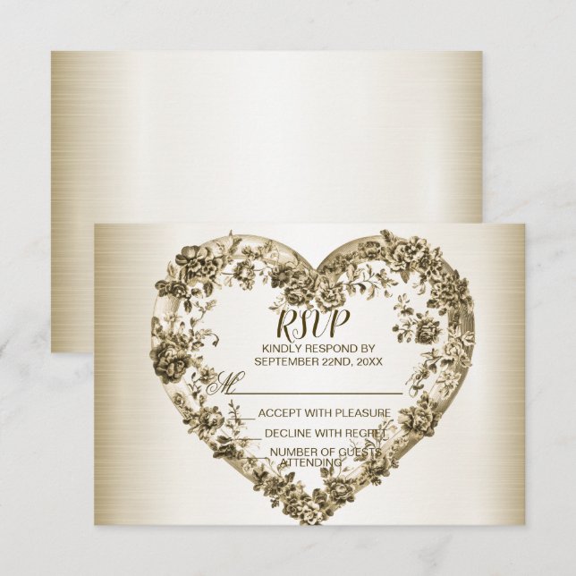 Wedding Floral Golden Ornate Heart Frame Elegant RSVP Card (Front/Back)