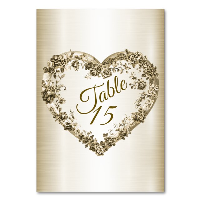 Wedding Floral Golden Ornate Heart Frame Elegant Table Number (Front)