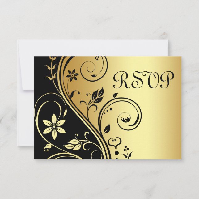 Wedding Floral Rsvp Black Gold Invitation (Front)
