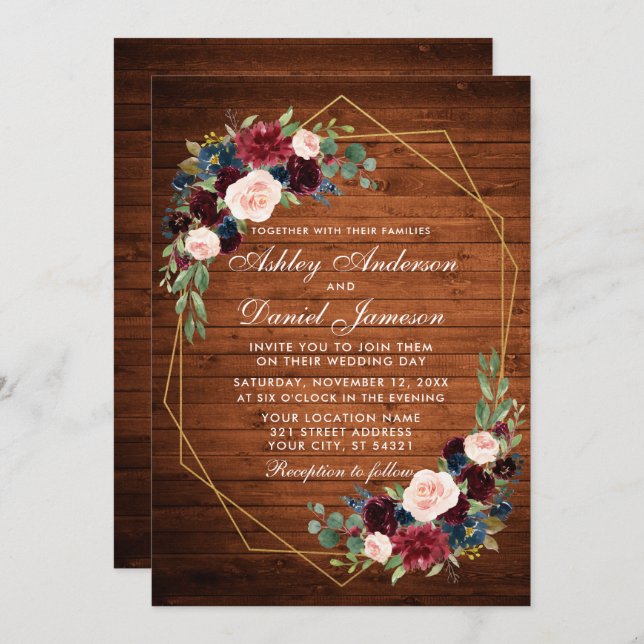 Wedding Floral Rustic Wood Geometric Gold Frame Invitation (Front/Back)