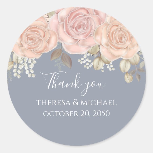 Wedding Floral Thank You Rose Gold Dusty Blue  Classic Round Sticker (Front)