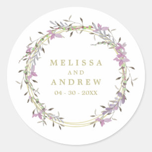 Wedding Floral Watercolor Garland in Purple Shades Classic Round Sticker