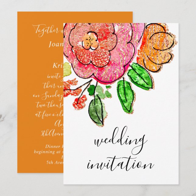 Wedding Floral Watercolor Orange Rose Glitter Invitation (Front/Back)