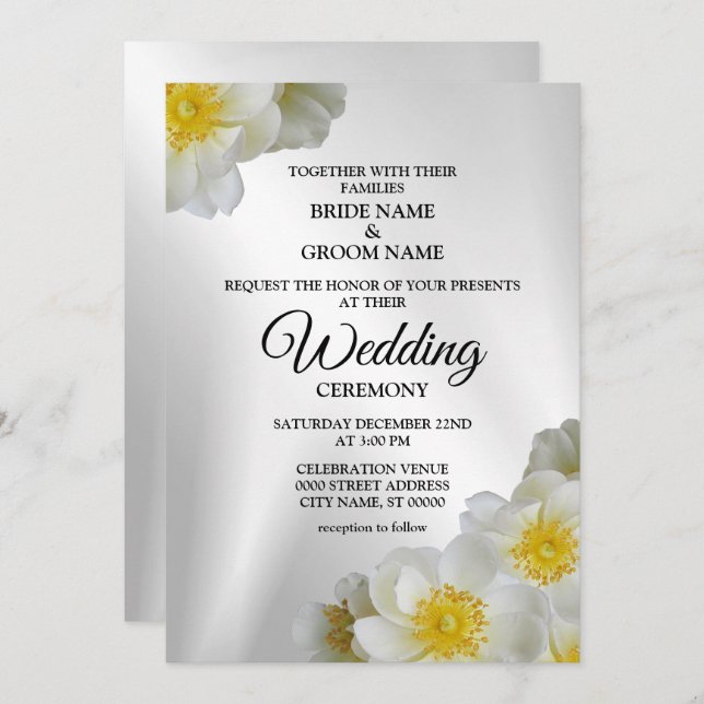 Wedding Floral White Yellow Silver Elegant Rustic Invitation (Front/Back)