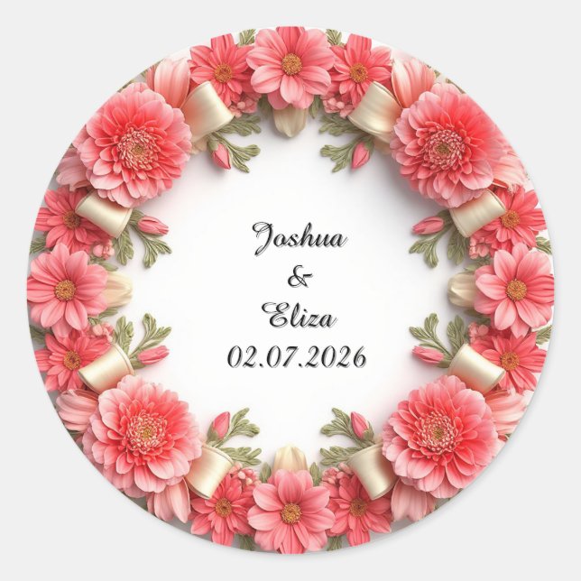 Wedding Floral Wreath Classic Round Sticker (Front)