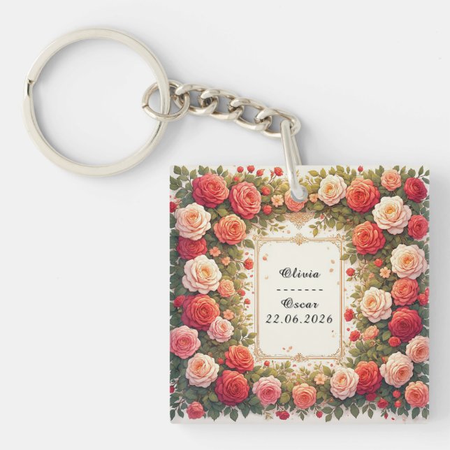 💍 Wedding Floral Wreath Gift For Custom Name Key Ring (Front)