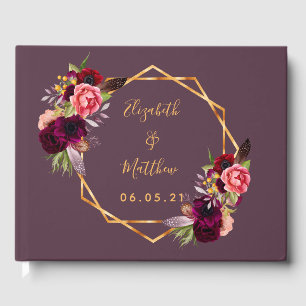 Wedding florals burgundy cassis purple geometric guest book