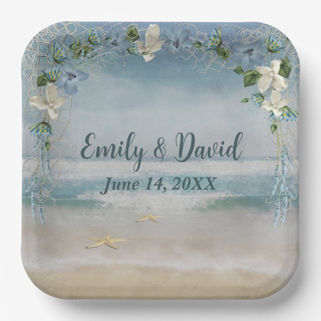 Wedding Flower Arch On Ocean  Paper Plate (Front)