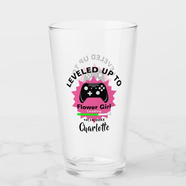 Wedding  Flower Girl Levelled Up Gamer Fun Glass (Front)