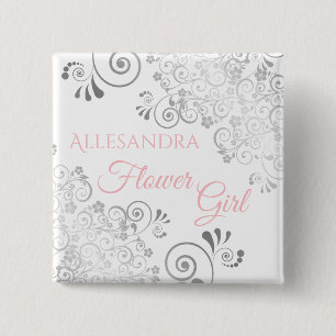 Wedding Flower Girl Name Tag Pink & Grey Frills 15 Cm Square Badge