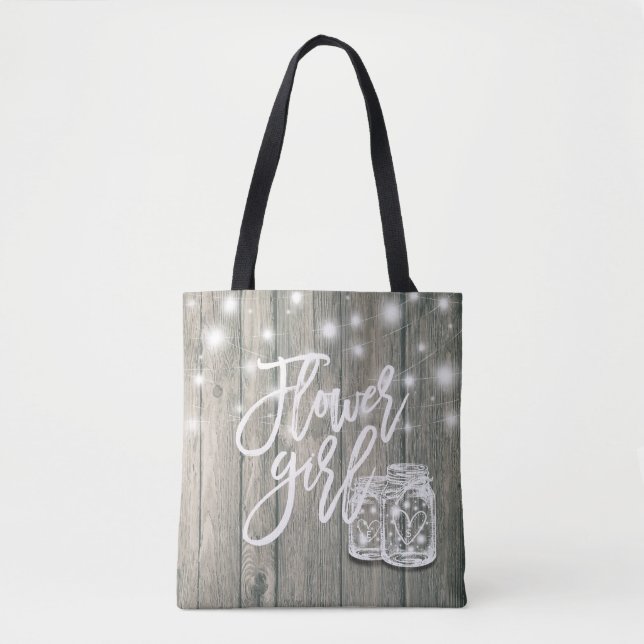 Wedding Flower Girl Wood Mason Jar String Lights Tote Bag (Front)