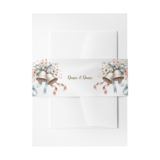 Wedding Flowers Bells Pink Blue Ribbons Beautiful Invitation Belly Band (Front Example)
