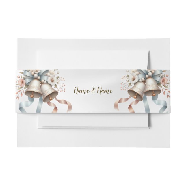 Wedding Flowers Bells Pink Blue Ribbons Beautiful Invitation Belly Band (Front Example)