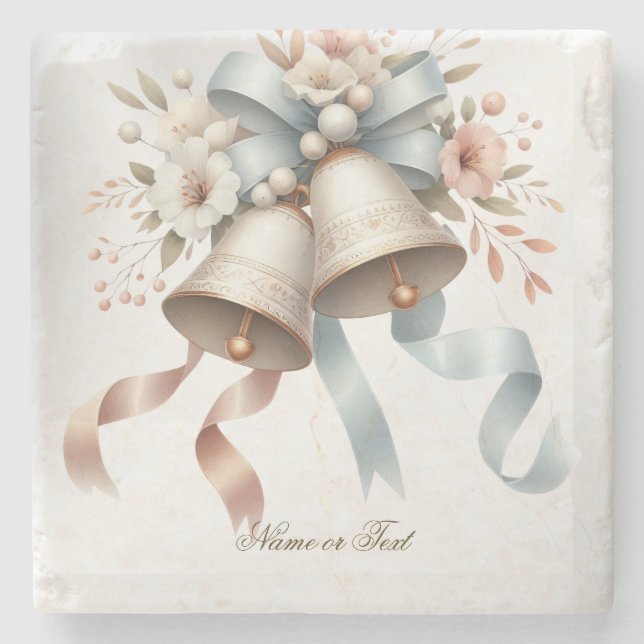 Wedding Flowers Bells Pink Blue Ribbons Beautiful Stone Coaster (Front)