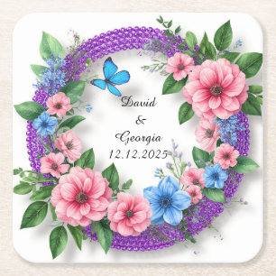 Wedding Flowers Circular Frame Square Paper Coaster