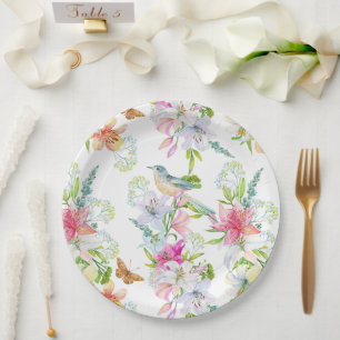 Wedding Flowers Lilies and Birds Watercolor   Paper Plate