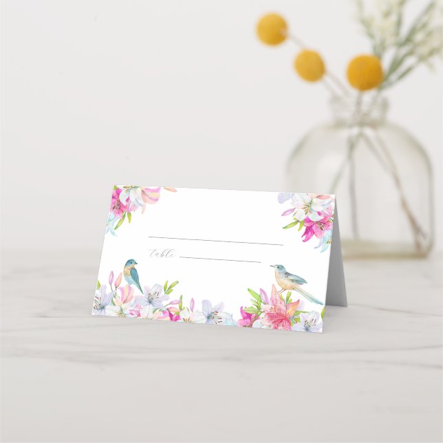 Wedding Flowers Lilies and Birds Watercolor Place Card (Front)