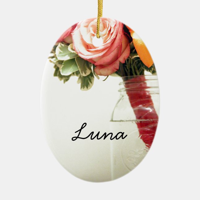 wedding flowers pink orange rose customise ceramic tree decoration (Front)