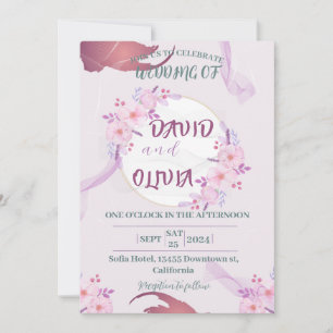 Wedding flowers pink, purple, elegant gold circle invitation
