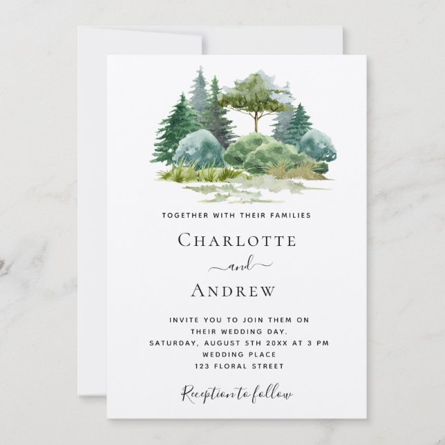 Wedding forest trees watercolor eco micro invitation (Front)