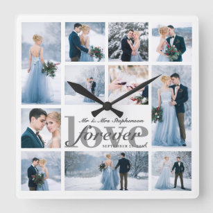 Wedding FOREVER LOVE Photo Collage Custom Colour Square Wall Clock
