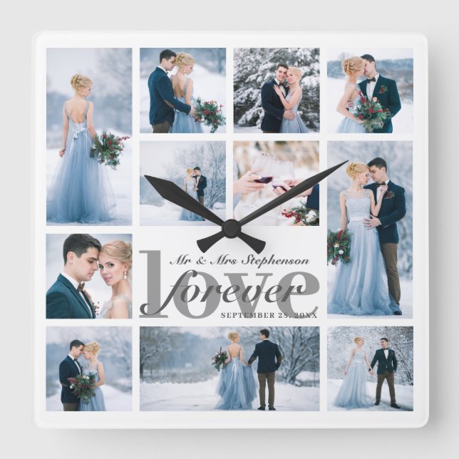 Wedding FOREVER LOVE Photo Collage Custom Colour Square Wall Clock (Front)
