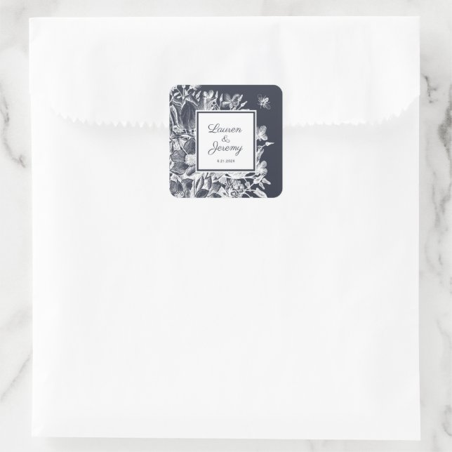 Wedding French Farmhouse Floral Navy & White Square Sticker (Bag)