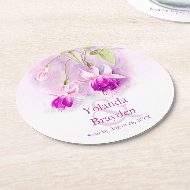 Wedding fuchsia watercolor art paper coasters (Angled)