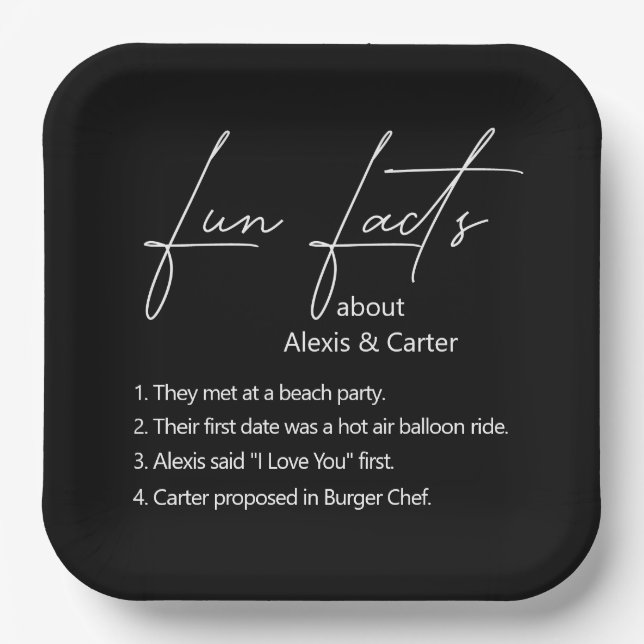 Wedding Fun Facts On Black  Paper Plate (Front)